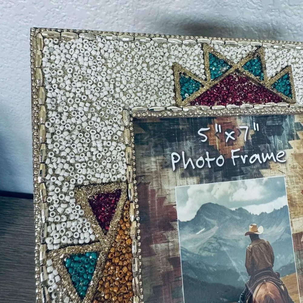 Southwest Western Aztec Tribal Beaded Blue Picture Frame